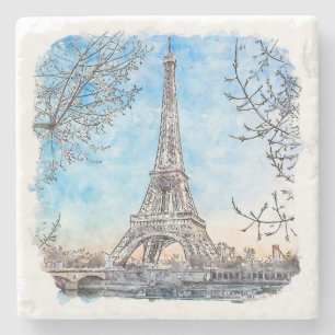 Dessous-de-verre En Pierre Tour Eiffel Paris France Aquarelle Tirée À La Main