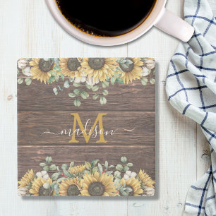 Dessous-de-verre En Pierre Tournesol jaune Eucalyptus Bois marron Monogramme