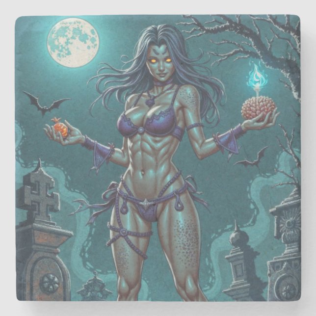 Dessous-de-verre En Pierre Traite d'Halloween ou ami Zombie w Cerveau (Devant)