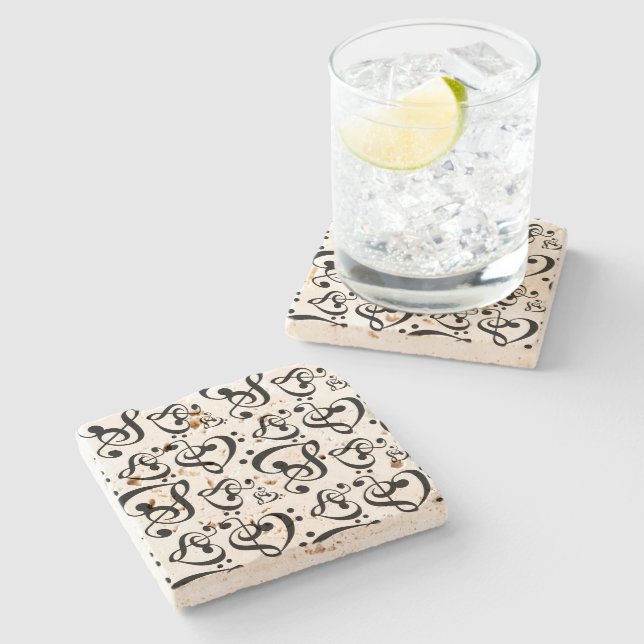 Dessous-de-verre En Pierre Treble Bass Clef Hearts Music Notes Motif (Côté)