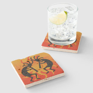 Dessous-de-verre En Pierre Tribal noir et orange Sun de Kokopelli de