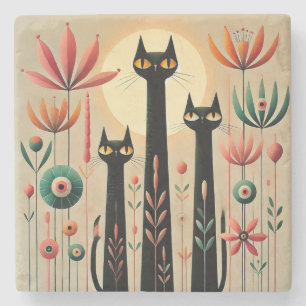 Dessous-de-verre En Pierre Trois chats noirs au milieu d'un design floral vib
