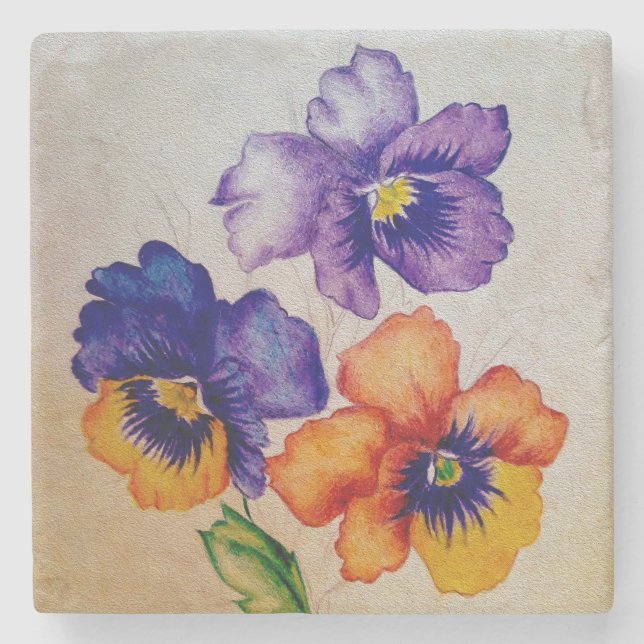 Dessous-de-verre En Pierre Trois crayons de couleur vintage de fleurs Pansy (Devant)