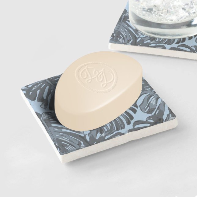 Dessous-de-verre En Pierre Tropical Grey Blue Jungle Feuilles (Mockup as a soap dish)