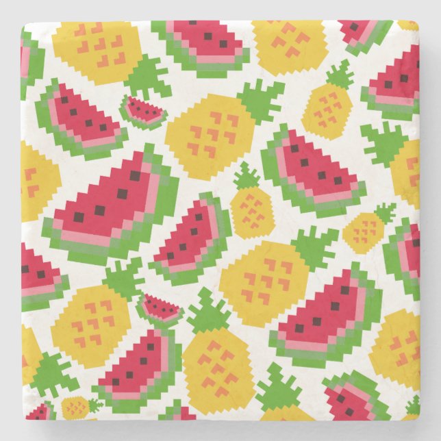 Dessous-de-verre En Pierre Tropical Watermelon and Pineapple Pixel Pattern (Devant)