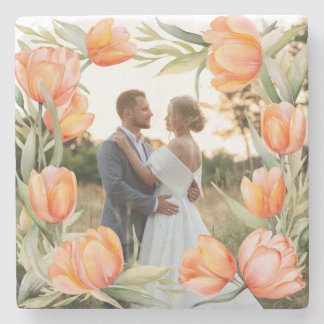 Dessous-de-verre En Pierre Tulipes aquarelles orange bordure couple mariage
