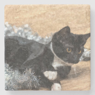 Dessous-de-verre En Pierre Tuxedo Kitten Tinsel et lumières peint
