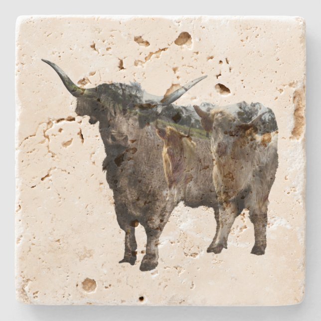 Dessous-de-verre En Pierre Vache Highland Avec Image De Vaches Inversées, (Devant)
