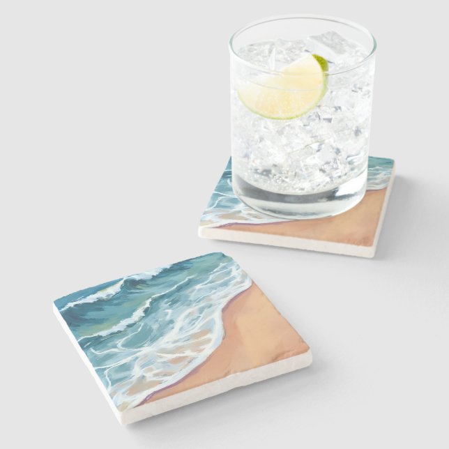 Dessous-de-verre En Pierre Vagues de l'océan bleu aquarelle (Côté)