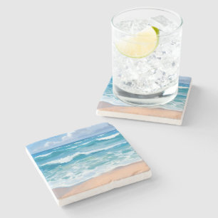 Dessous-de-verre En Pierre Vagues de l'océan bleu   Art aquarelle de la mer d