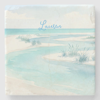 Dessous-de-verre En Pierre vagues de plage à l'aquarelle bleu pastel nom modi