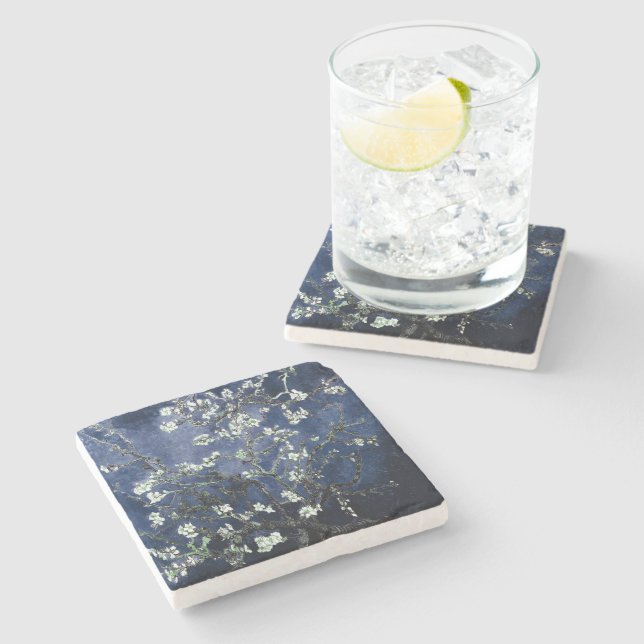 Dessous-de-verre En Pierre Van Gogh Almond Blossoms Midnight Blue (Côté)