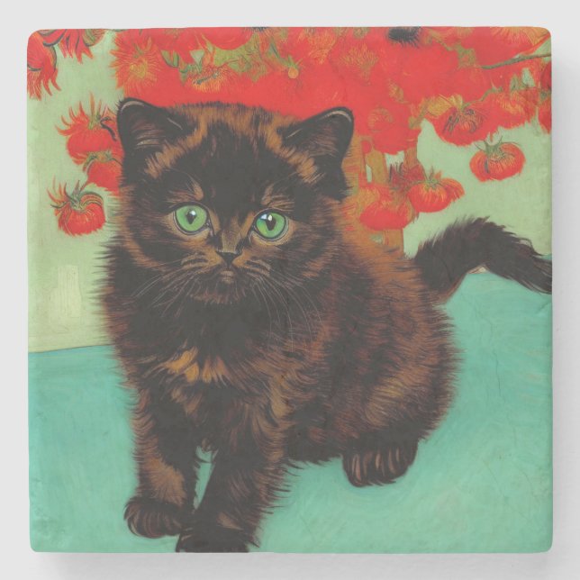 Dessous-de-verre En Pierre Van Gogh Chat noir Fleurs rouges (Devant)