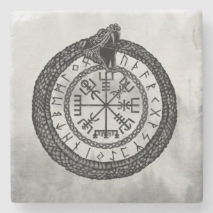Dessous-de-verre En Pierre Vegvisir avec Ouroboros et runes - gamme de gris