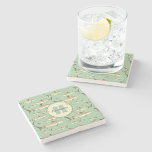 Dessous-de-verre En Pierre Vert marin Nom + Aquarelle Monogramme Requin