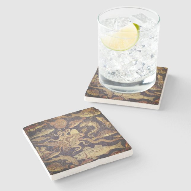 Dessous-de-verre En Pierre Vie marine, mosaïque de Pompéi (Côté)