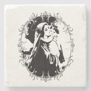 Dessous-de-verre En Pierre Vierge vintage et enfant avec cadre argenté
