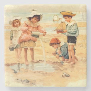 Dessous-de-verre En Pierre Vintage Antique Garçon Fille de Plage Beaux-Arts