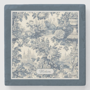 Dessous-de-verre En Pierre Vintage chic floral Bleu toile de jouy monogramme