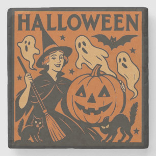 Dessous-de-verre En Pierre Vintage, classique sorcière d'Halloween, fantôme &
