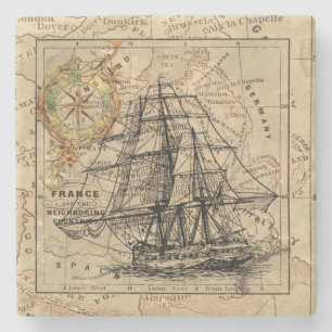 Dessous-de-verre En Pierre Vintage Sailing Ship and Old European Map