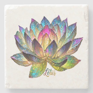 Dessous-de-verre En Pierre Vitrail Fleur de Lotus Colorée sur Fond Blanc 