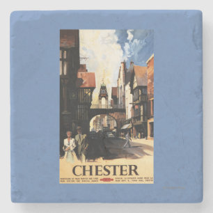 Dessous-de-verre En Pierre Vue de rue avec le rail d'horloge de couples et de