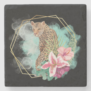 Dessous-de-verre En Pierre Watercolor Leopard et Tropical Frame