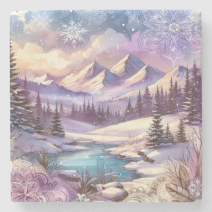 Dessous-de-verre En Pierre Wonderland d'hiver Motifs de Nature Mountain Lake