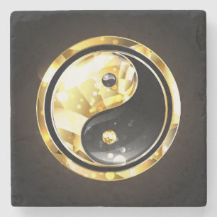 Dessous-de-verre En Pierre Yin Yang or sur noir