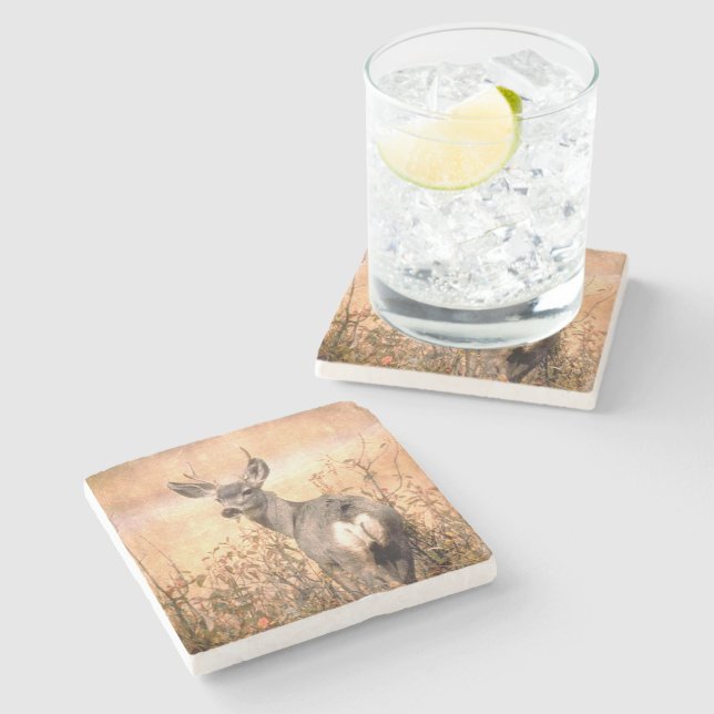 Dessous-de-verre En Pierre Young Deer en Fleur sauvage avec Grungy Texture Ar (Côté)