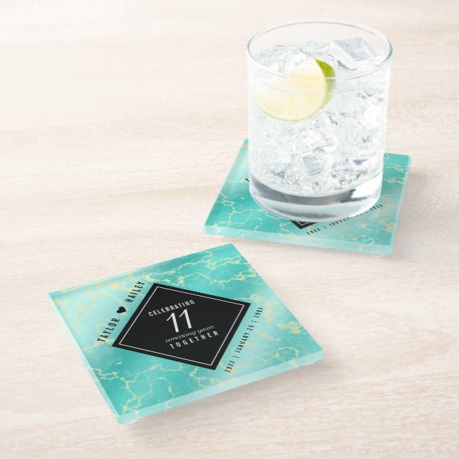 Dessous-de-verre En Verre 11e anniversaire Mariage turquoise (Incliné)