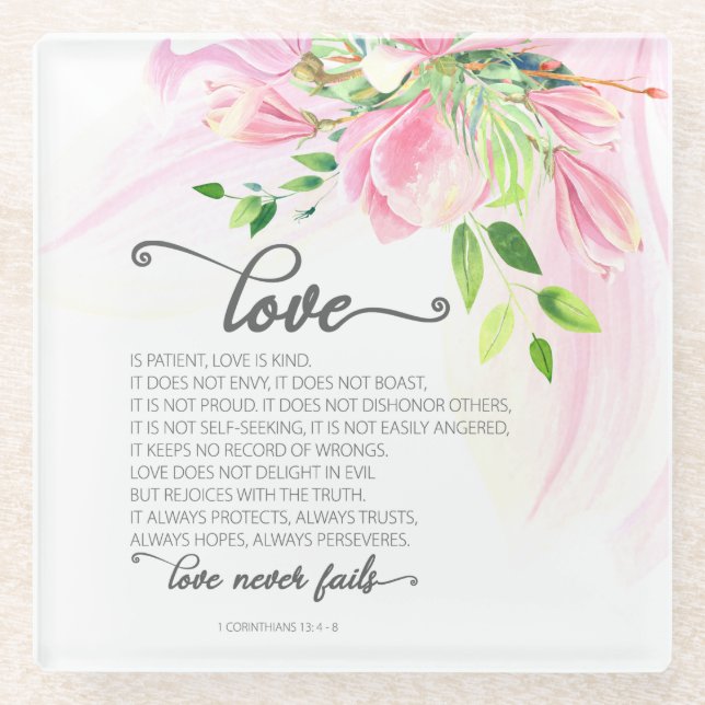 Dessous-de-verre En Verre 1 Corinthiens 13:4-8 L'amour est patient rose Magn (Devant)