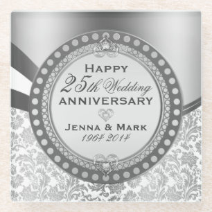 Dessous-de-verre En Verre 25e anniversaire du Mariage blanc et argent