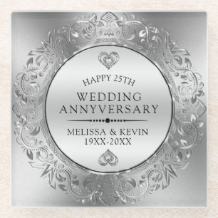 Dessous-de-verre En Verre 25e anniversaire Mariage Cadre blanc et argent