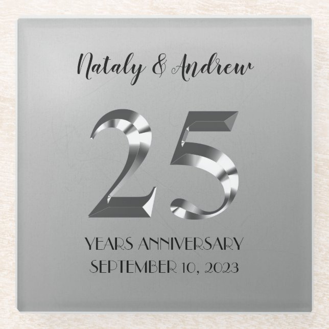 Dessous-de-verre En Verre 25e anniversaire Mariage d'argent métallique (Devant)
