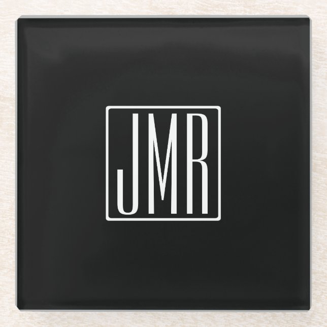 Dessous-de-verre En Verre 3 Initiales Monogramme | Noir et blanc (ou couleur (Devant)