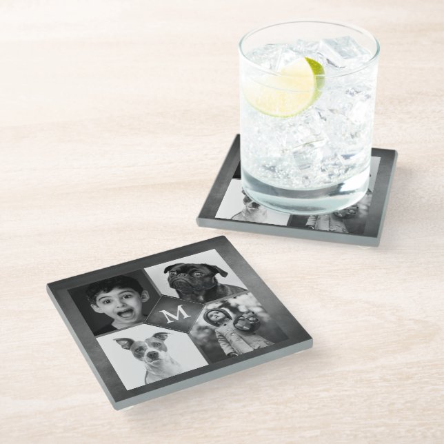Dessous-de-verre En Verre 4 Black White Photo Chalkboard Collage Monogramme (Incliné)