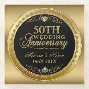 Dessous-de-verre En Verre 50e anniversaire du Mariage Noir & Or