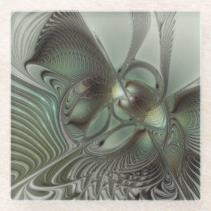 Dessous-de-verre En Verre Abstrait Art Fractal Fantastique Vert Olive Gris