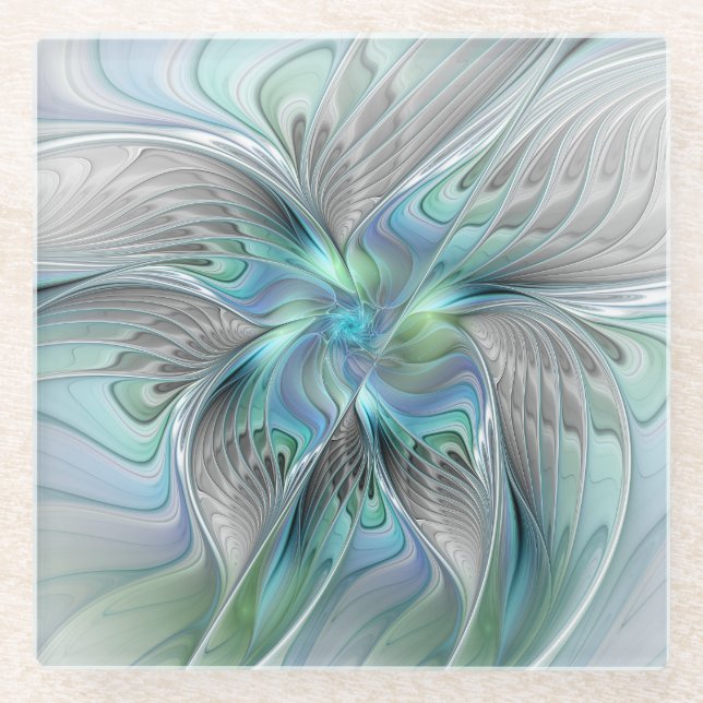 Dessous-de-verre En Verre Abstrait Bleu Vert Papillon Imaginaire Fractal Art (Devant)