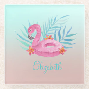 Dessous-de-verre En Verre Adorable Flamant rose rose  Feuilles
