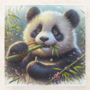 Dessous-de-verre En Verre Adorable Ours De Panda Mangeant Bambou