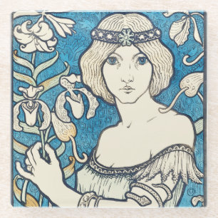 Dessous-de-verre En Verre Affiche d'art vintage femme florale bleue Art Nouv