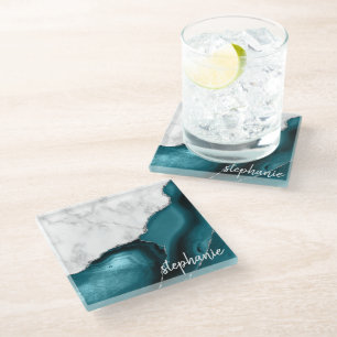 Dessous-de-verre En Verre Agate Bleu Sarcelle Marbre Blanc Signature Argent