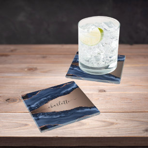 Dessous-de-verre En Verre agate bleue marbre rose or nom script