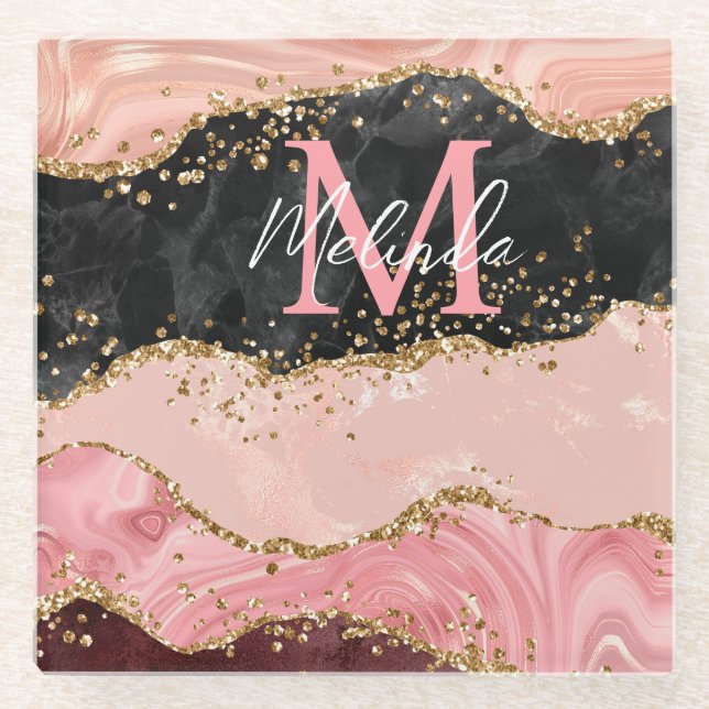 Dessous-de-verre En Verre Agate de séquences noir et rose (Devant)