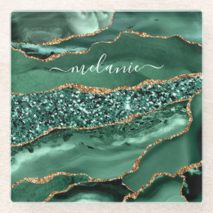 Dessous-de-verre En Verre Agate Green Gold Marble Dessous de verre Nom perso