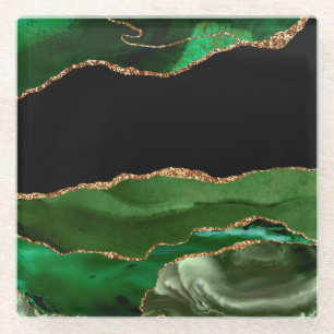 Dessous-de-verre En Verre Agate Marbrée Vert Émeraude Pierre Contemporaine