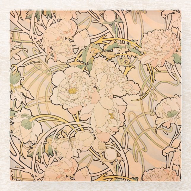 Dessous-de-verre En Verre Alfonse Mucha Art Nouveau Peonies (Devant)